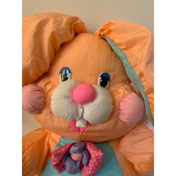Vintage Bunny Rabbit Stuffed Animal Nylon Peach Bow Tie Carrot Feet 16" - Picture 2 of 10